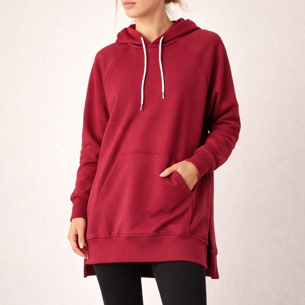 The Warmy Fleece Lined Extra Long Hoodie‎ Sweatshirt (MED) Maroon Soft Cozy Red